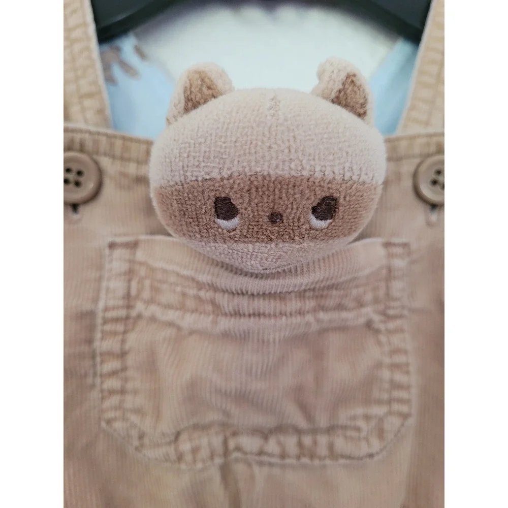 Gymboree Vintage 2004 Tan Corduroy Raccoon Plush Overalls 6-12 M 100% Cotton #10